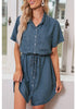 Vintage Blue Elastic Waist Curved Hem Button Down Denim Shirt Dress