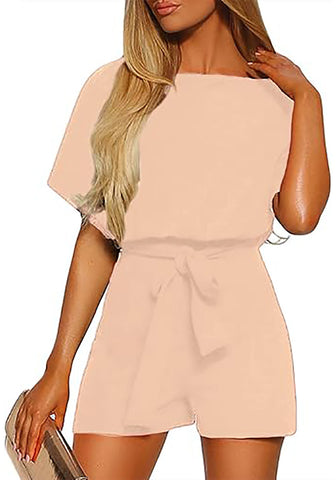 Ivory Cream Women Casual Short Sleeves Self-Tie Belted Short Romper Jumpsuits