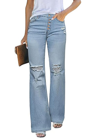 Seaside Blue High Waisted Ripped Flare Jeans for Women Distressed Bell Bottom Jeans Wide Leg Pants