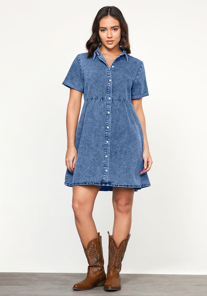 Medium Blue Women's Short Sleeve Button Down Flowy Tiered Babydoll Den Lookbook Store Medium Blue Women's Short Sleeve Button Down Flowy Tiered Babydoll Den Lookbook Store