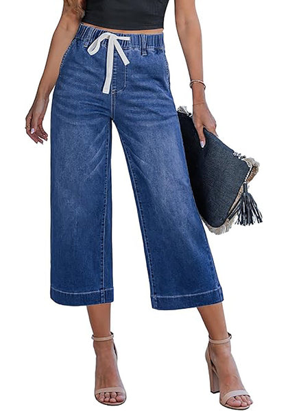 Casual Capri Jeans for Women Wide Leg Elastic Drawstring Waist Cropped Denim Trousers