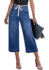 Casual Capri Jeans for Women Wide Leg Elastic Drawstring Waist Cropped Denim Trousers