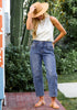 Classic Blue Women's Cropped Denim High Waisted Jeans Pull On Straight Leg Stretch Barrel Jeans