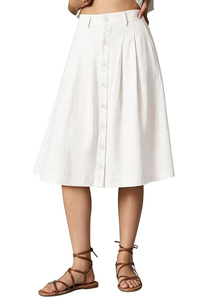 LookbookStore Women White Pleated Linen Midi Skirt Elastic High Waist A Line Summer Skirt with Pockets