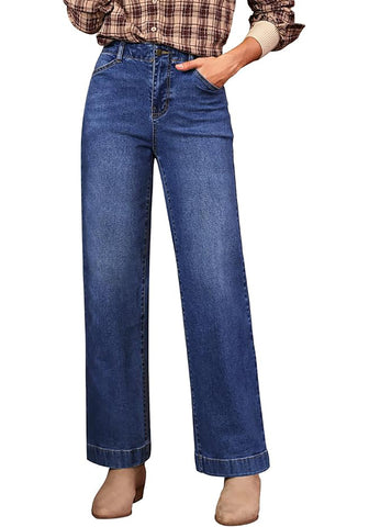 Dark Atlantic Blue Women's High Waisted Wide Leg Jeans with Comfort Stretch and Functional Pockets