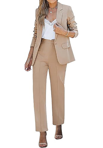 Beige Women's Blazer Set Business Casual Full Fit Blazer Jackets and Straight Pant Suits with Pockets