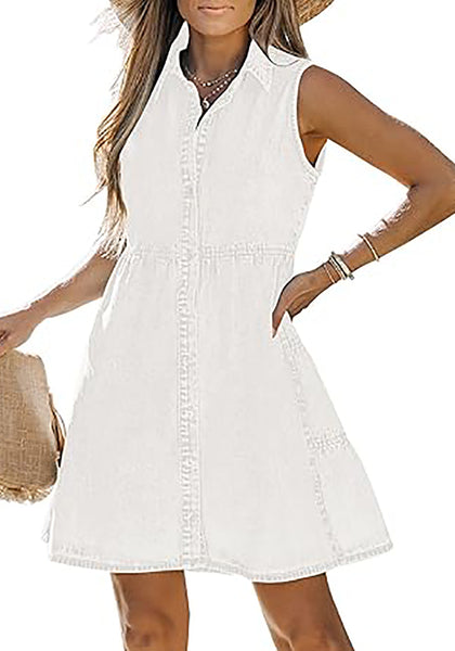 Brilliant White Denim Dress for Women Sleeveless Babydoll Button Down Short Jean Dresses Cute Summer