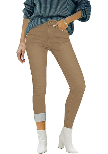 Khaki Women's Denim Fleece Mid Waist Thermal Jeggings Warm Trousers Jeans
