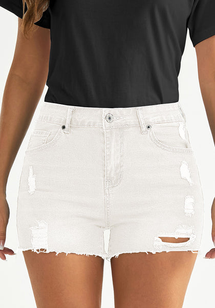 Off White Women's High Waisted Distressed Denim Jeans Shorts Ripped Raw Hem Jean Shorts
