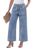 After Dust Blue Cropped Wide Leg High Waisted Drawstring Denim Jeans For Women