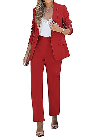 Red Women's Blazer Set Business Casual Full Fit Blazer Jackets and Straight Pant Suits with Pockets