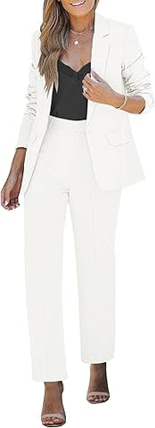 Cream White Women's Blazer Set Business Casual Full Fit Blazer Jackets and Straight Pant Suits with Pockets