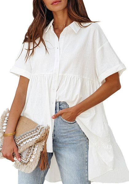 Brilliant White 2023 Button Down Shirts for Women Oversized Short Sleeve Blouses Babydoll Flowy High Low Tunic Tops Summer