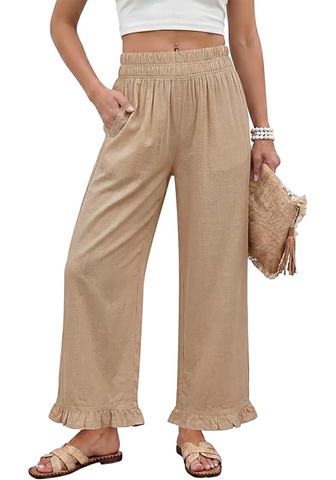 LookbookStore Women Almond High Waist Linen Pants Wide Leg Ruffle Hem Elastic Waist Cropped Ankle Beach Summer Casual Pants