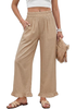 LookbookStore Women Almond High Waist Linen Pants Wide Leg Ruffle Hem Elastic Waist Cropped Ankle Beach Summer Casual Pants