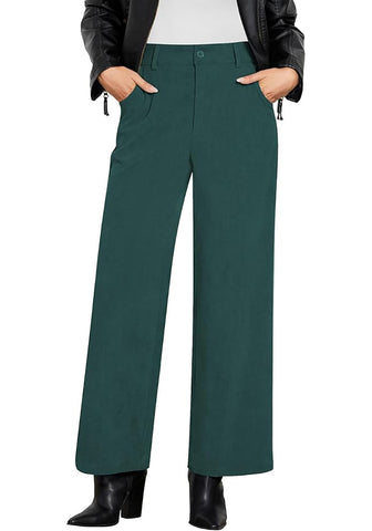 Forest Green Women's Casual High Waist Pocket Polyester Relaxed Fit Wide Leg Pants