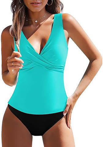 Tankini Tops for Women Deep V Neck Front Ruched  Swimwear with Adjustable Wide Straps