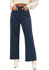 Navy Blue Women's  High Waist Relaxed Fit Wide Leg Cropped Length Style Casual Pants With Pockets