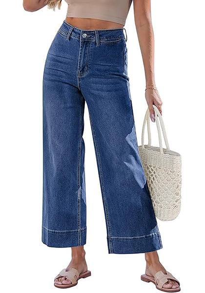 Women's High Waisted Wide Leg Cropped Denim Pants Rolled Cuff Casual Daily Wear Versatile Styling