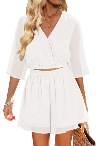 White Women's 2 Piece Outfit Textured Crop Tops Elastic Waist Flowy Shorts