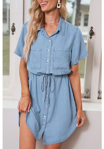 Cool Blue Elastic Waist Curved Hem Button Down Denim Shirt Dress