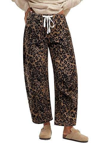 Women's Leopard Print Wide Leg Pants with Drawstring Elastic Waist Casual Loose Trousers for Summer Lounge & Vacation
