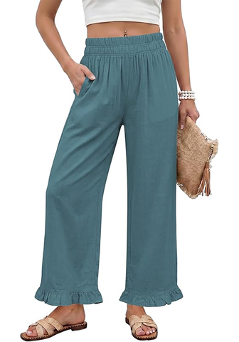 LookbookStore Women Lake High Waist Linen Pants Wide Leg Ruffle Hem Elastic Waist Cropped Ankle Beach Summer Casual Pants