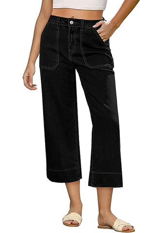 Washed Black Women's Cropped High Rise Denim Pull On Retro Wide Leg Jeans