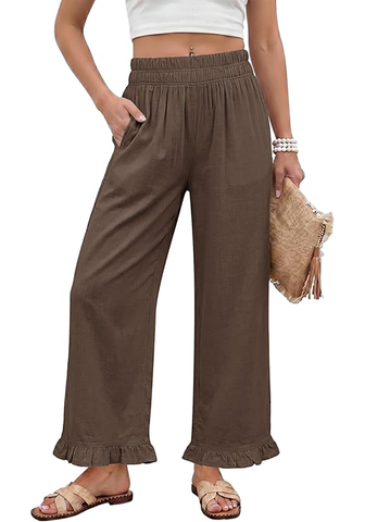 LookbookStore Women Coffee Brown High Waist Linen Pants Wide Leg Ruffle Hem Elastic Waist Cropped Ankle Beach Summer Casual Pants