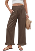 LookbookStore Women Coffee Brown High Waist Linen Pants Wide Leg Ruffle Hem Elastic Waist Cropped Ankle Beach Summer Casual Pants