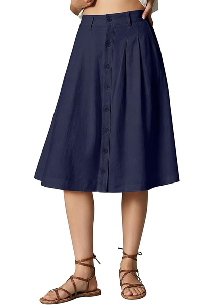 LookbookStore Women Dark Blue Pleated Linen Midi Skirt Elastic High Waist A Line Summer Skirt with Pockets