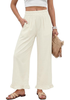 LookbookStore Women Cream White High Waist Linen Pants Wide Leg Ruffle Hem Elastic Waist Cropped Ankle Beach Summer Casual Pants