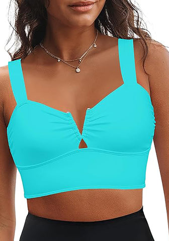 Aqua Blue Bikini Tops for Women's Midkini Padded Ruffle V-Neck Swimwear Tankini Top