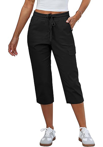 Women's Stretchy High Elastic Waist Wearable Tapered Short Cargo Capri Pants