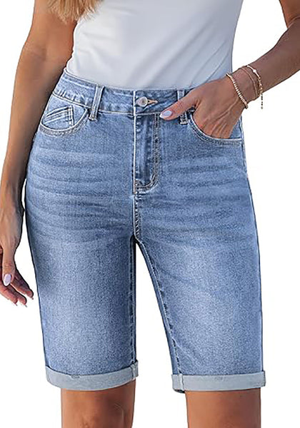 LookbookStore Bay Blue Women's Viral Y2K Aesthetic High Waist Stretchy Bermuda Denim Shorts with Rolled Cuffs