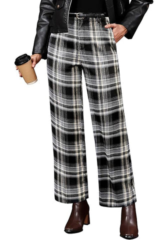 Black & White Plaid Palazzo Pants Women High Waist Wide Leg Trousers with Pockets Comfort Fall Winter Vintage Office