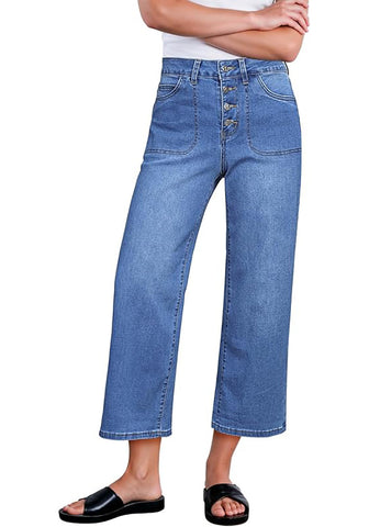 Women's High Waisted Multi Button Wide Leg Denim Jeans Casual Relaxed Daily Wear Functional Pockets