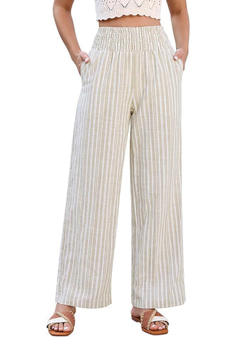 Women’s Striped Wide Leg Pants Causal Elastic High Waist Full Length Trousers with Pockets
