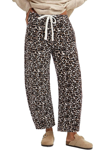 Women's Leopard Print Wide Leg Pants with Drawstring Elastic Waist Casual Loose Trousers for Summer Lounge & Vacation