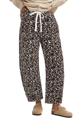 Women's Leopard Print Wide Leg Pants with Drawstring Elastic Waist Casual Loose Trousers for Summer Lounge & Vacation