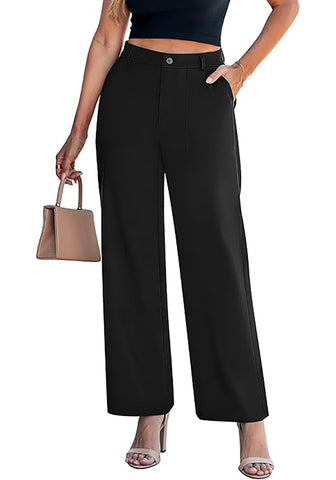 Women's High Waisted Wide Leg Soft Twill Pants Relaxed Fit Patch Pocket Trousers