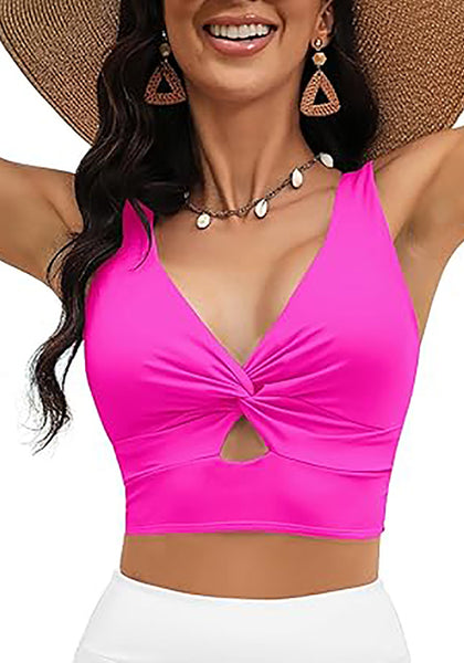 Neon Pink Women's Swimwear Tops Padded Knot Twist One Piece Swimsuit Adjustable Strap Tankini Tops