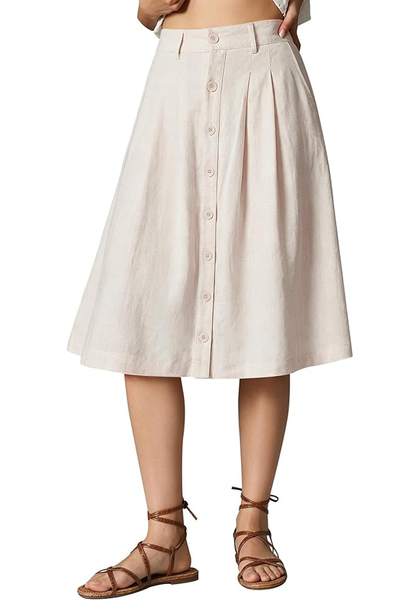 LookbookStore Women Beige Pleated Linen Midi Skirt Elastic High Waist A Line Summer Skirt with Pockets