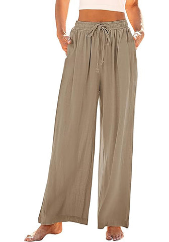 Light Taupe Relaxed Fit High Waisted Elastic Waist Wide Leg Drawstring Pocket Pant