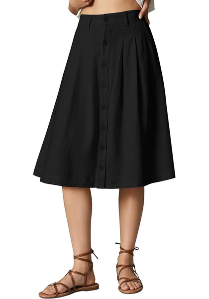 LookbookStore Women Black Pleated Linen Midi Skirt Elastic High Waist A Line Summer Skirt with Pockets
