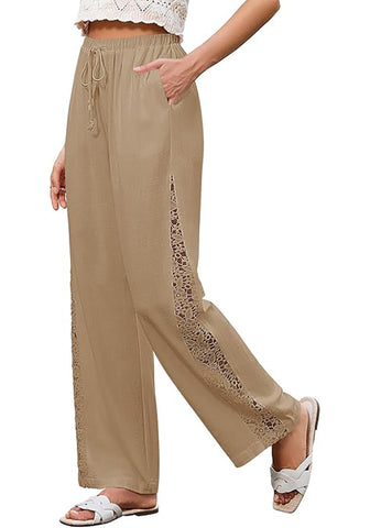 Women's Loose Wide Leg Pants with Hollow Out Side High Waisted Drawstring Elastic Casual Summer Trousers