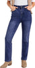 Dark Atlantic Blue High Waist Denim Pants Straight Leg Comfort Stretch Jeans Full Length Jeans with Pockets Casual