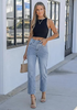 LookbookStore Lakeside Blue Women High Waisted Rhinestone Embellished Wide Leg Cropped Denim Jeans Casual Wear Staple