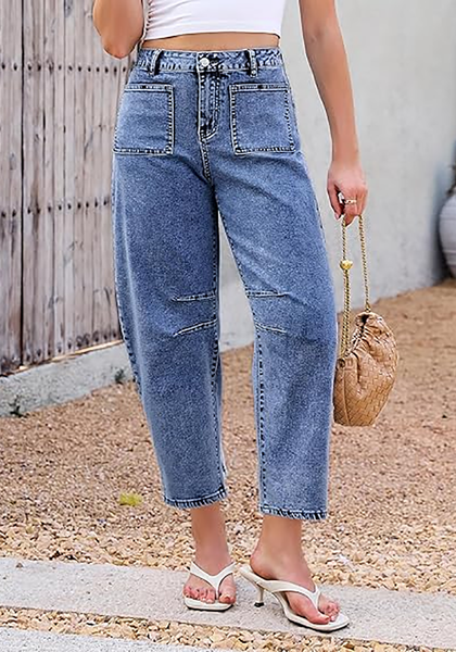 LookbookStore Midnight Blue Barrel Jeans for Women Chic Retro High Waist Loose Cropped Denim Pants with Utility Patch Pockets