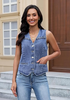 LookbookStore Women Wategos Blue Casual Sleeveless Denim Vest Button Down Braided Adjustable Waist Western Jean Waistcoat